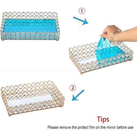 Large Crystal Rectangle Mirrored Tray Cosmetic Vanity Tray Organizer Tray - Picture 2 of 7